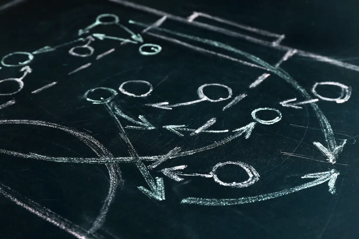 Chalkboard diagram showing circles and arrows representing a strategic plan or game strategy.