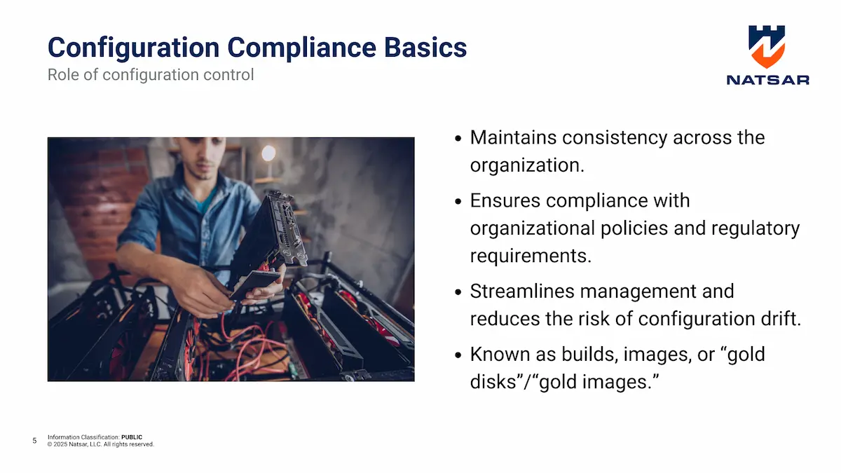 Configuration Compliance Basics presentation slide showing a person assembling a computer