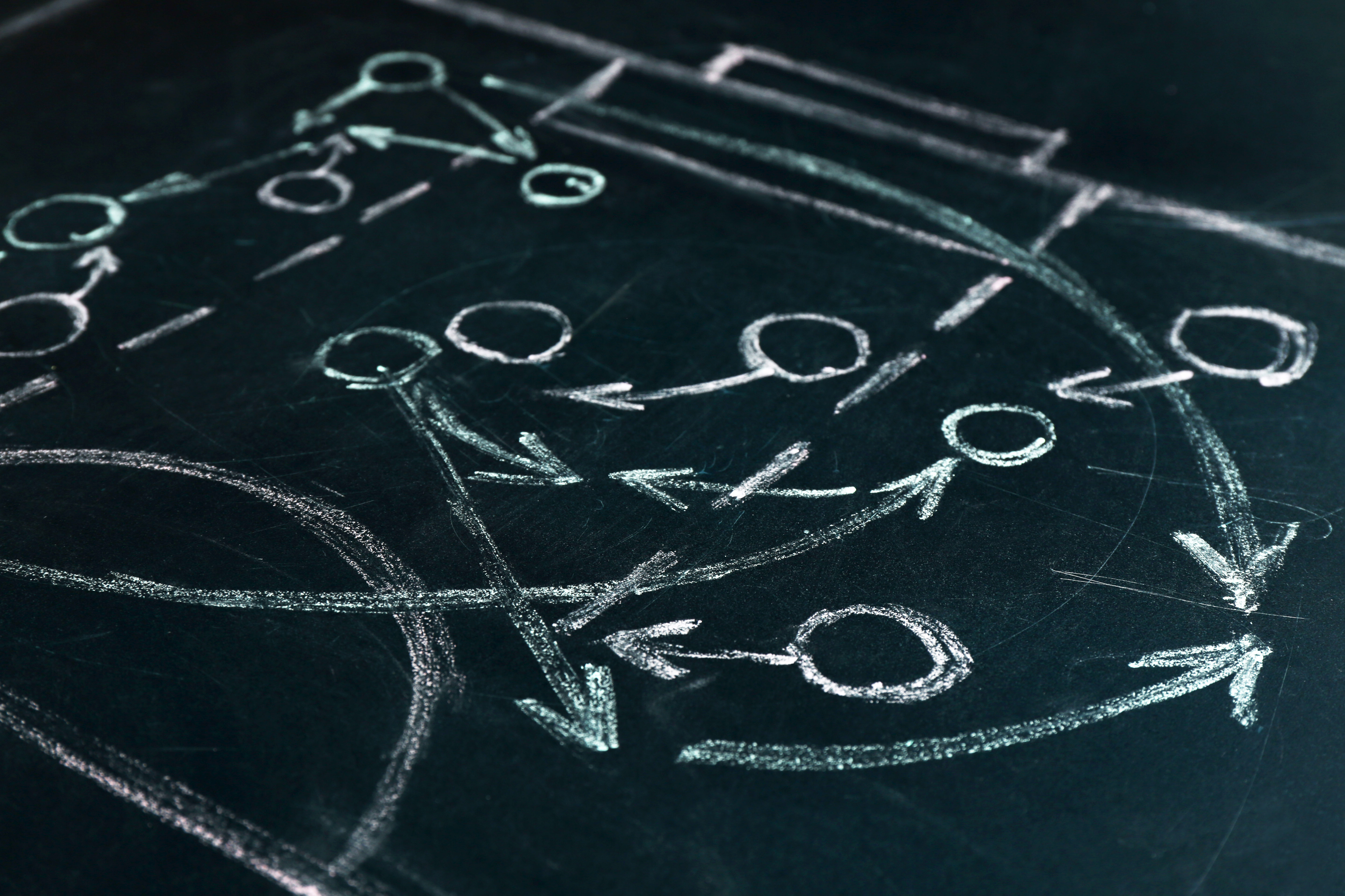 Chalkboard diagram showing circles and arrows representing a strategic plan or game strategy.