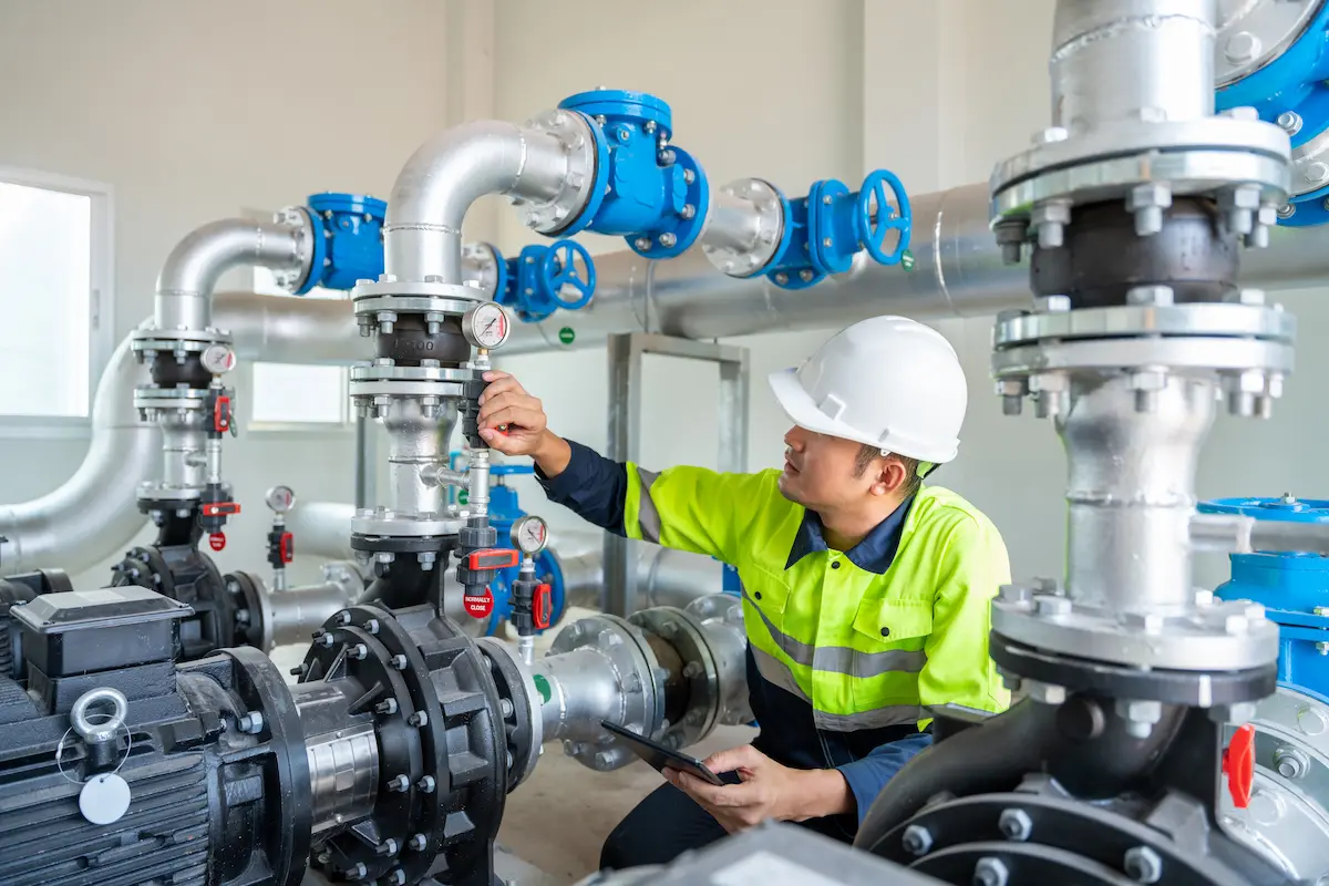 Man looking at water pumping infrastructure holding an ipad