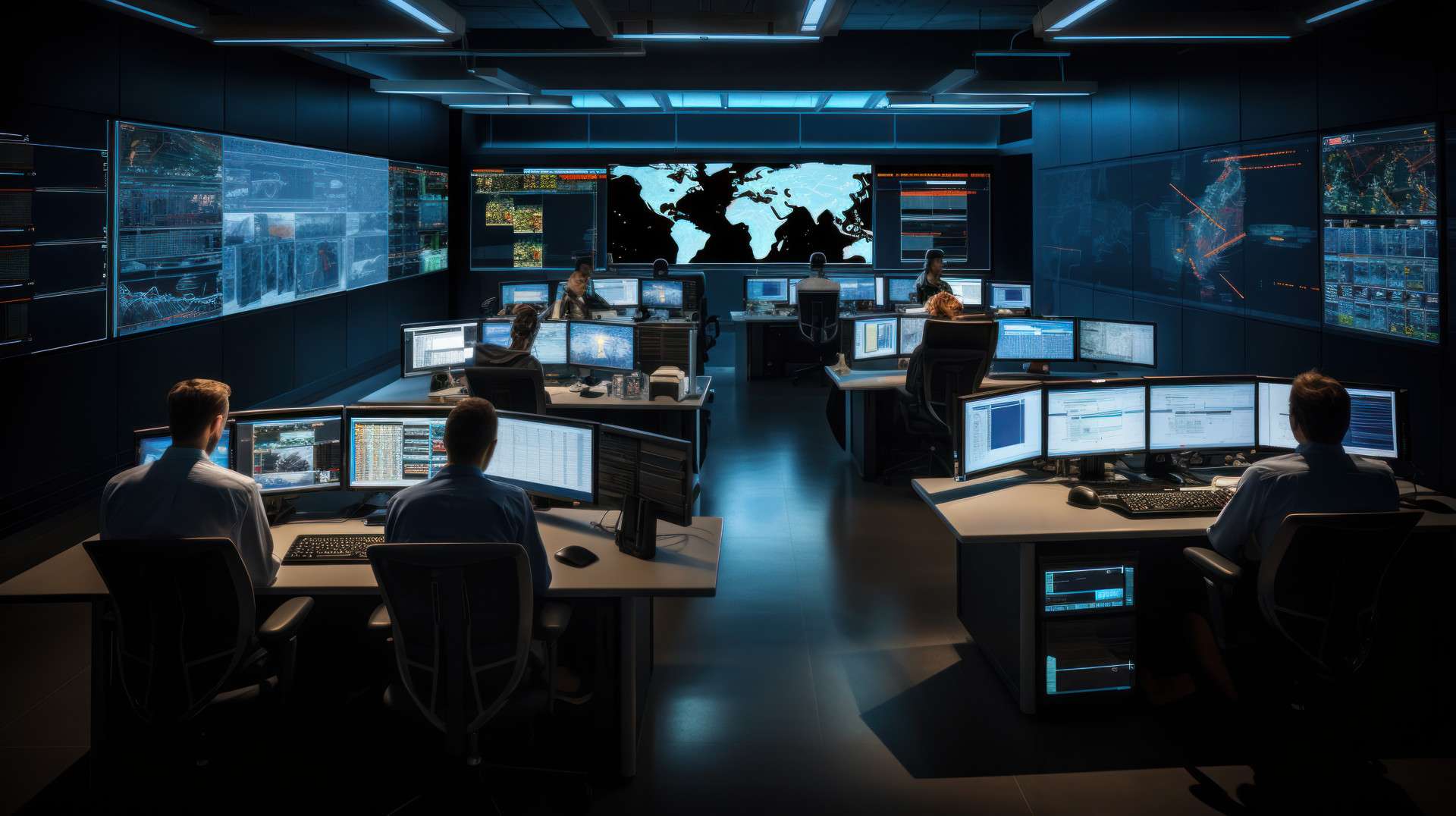  Cybersecurity operations center with analysts monitoring multiple computer screens displaying global threat data and network activity maps.