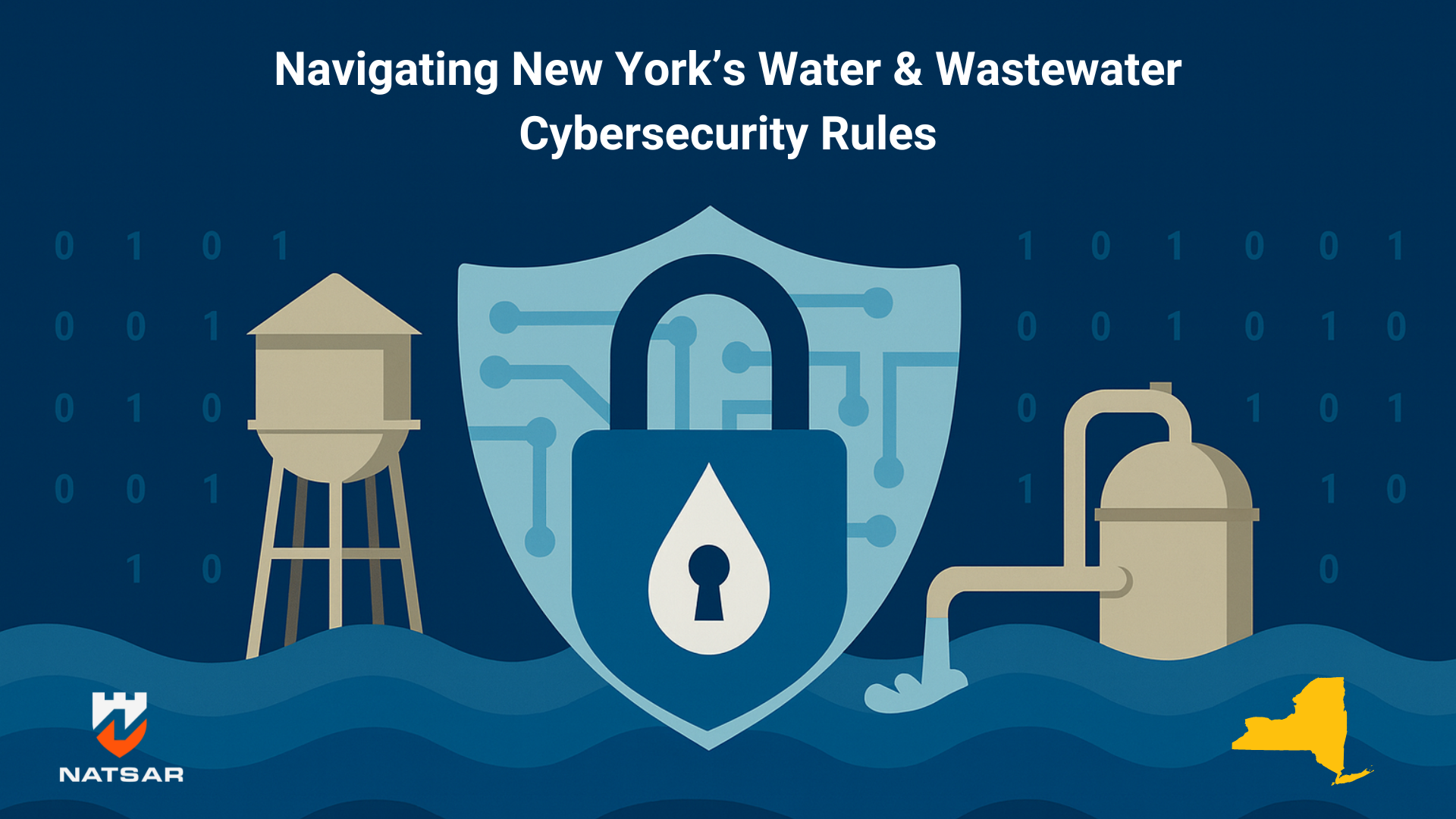 Water and wastewater cybersecurity illustration showing secure infrastructure and data protection in New York.