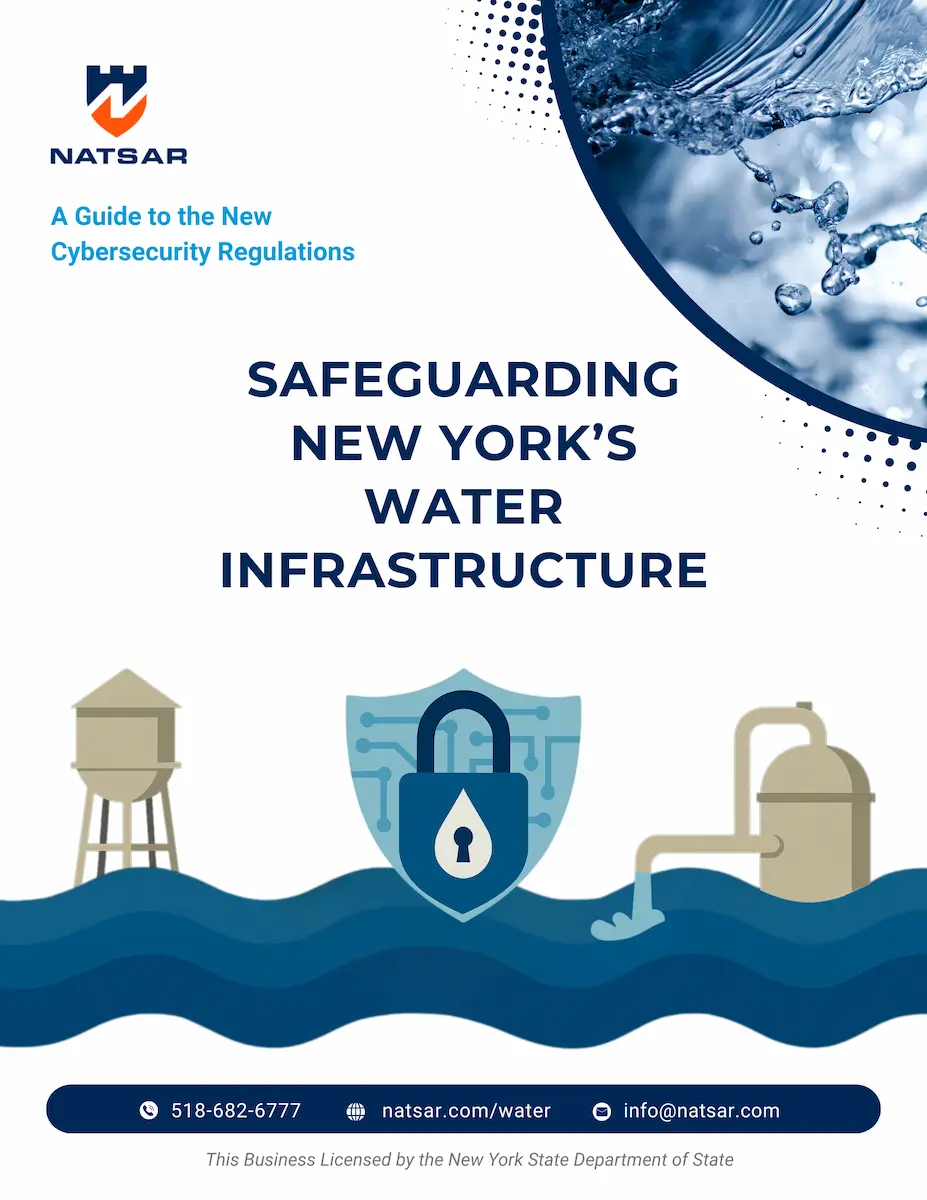 Safeguarding New York’s water infrastructure cybersecurity guide cover showing water systems and security icon by Natsar