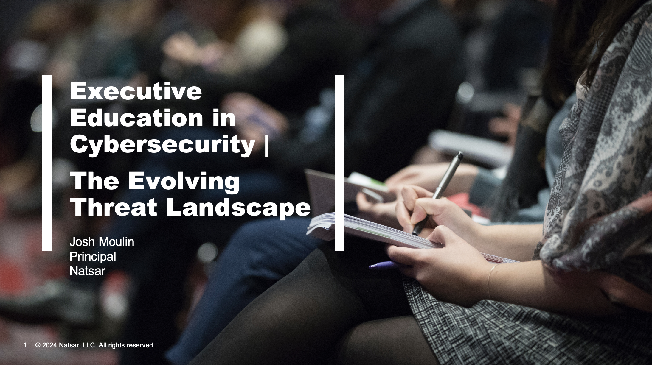  Presentation slide titled "Navigating the Risks of Online Scams and Cybersecurity Threats" by Josh Moulin, Principal of Natsar, with event date 22 February 2024. The slide features a person placing a coin into a pink piggy bank and logos for Amuni Financial and Natsar.